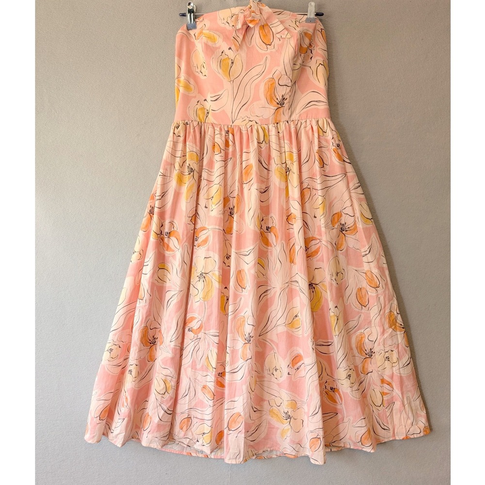 NWT Hutch Anthropologie Strapless Midi Dress Pink Floral Wedding Cotton Womens 8